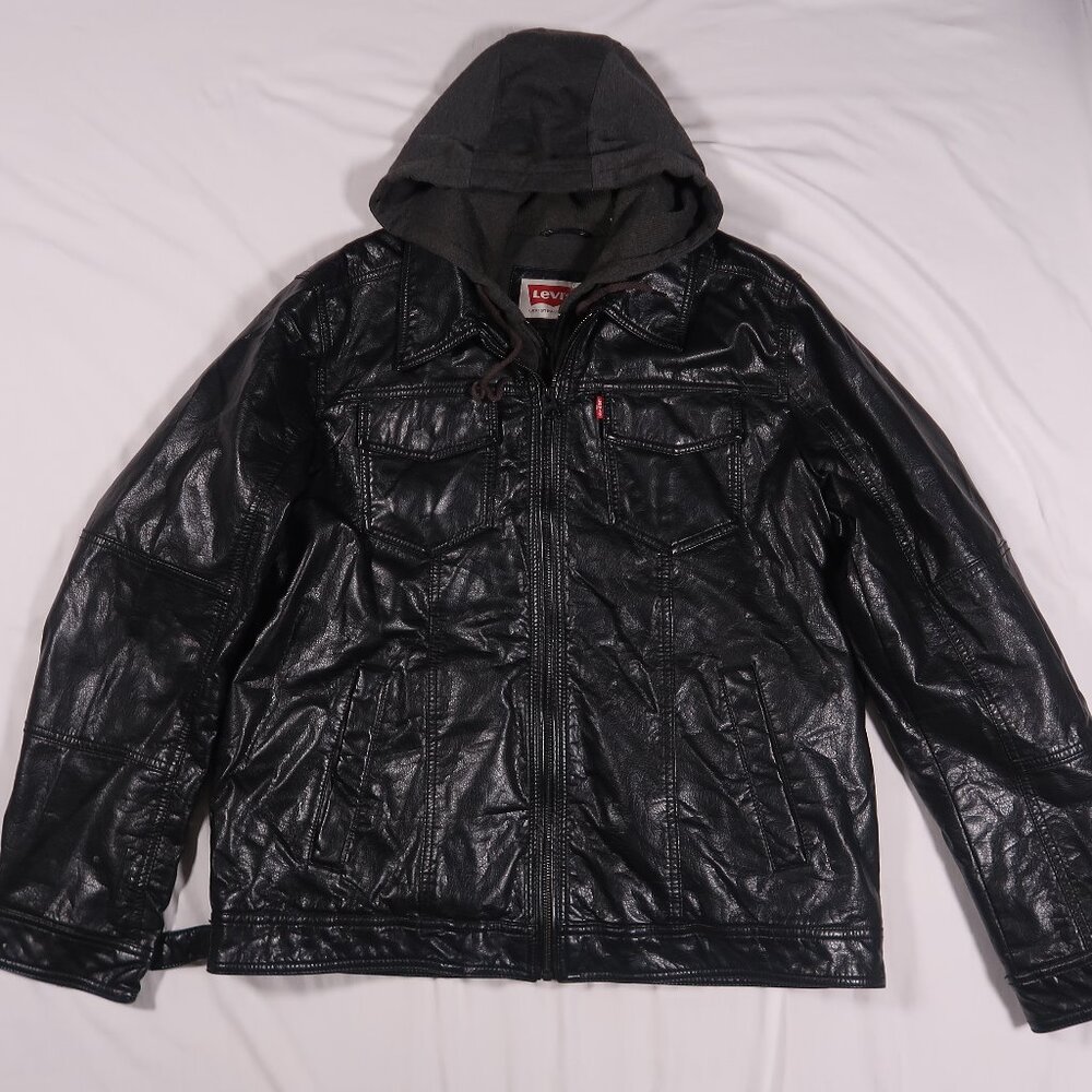 Levi’s Mens Large Black Faux Leather Hooded Trucker Jacket Moto Bomber Coat